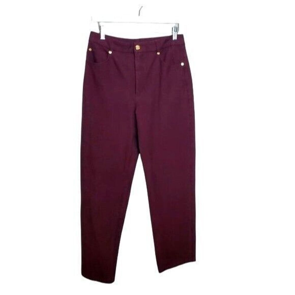 St. John High-Waisted Straight Trousers Jeans Gold Accents Maroon Size 4 28x28.5